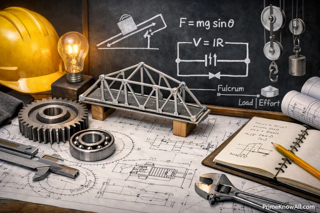 Engineer working on a blueprint with a bridge model and mathematical formulas in the background.