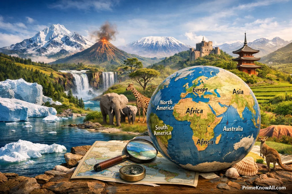 A colorful map showing the continents of the world with a compass and a globe nearby.