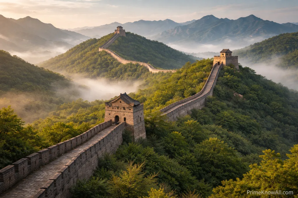 Great Wall of China stretches over rugged mountains with watchtowers along the length.