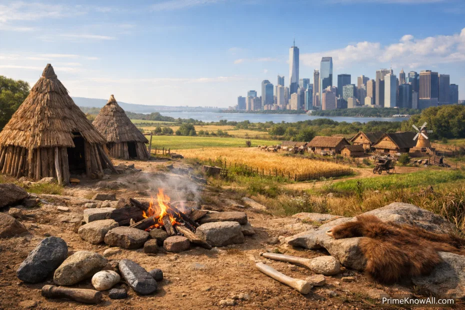Ancient village with a campfire setup and a modern city skyline in the background.