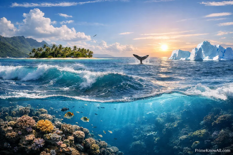 A whale's tail rises out of the ocean waves during sunset by shallow coral reefs.