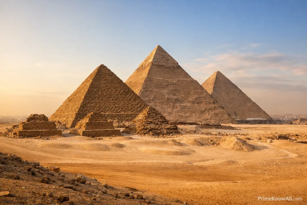 Pyramids of Giza with large limestone blocks and the desert in the background
