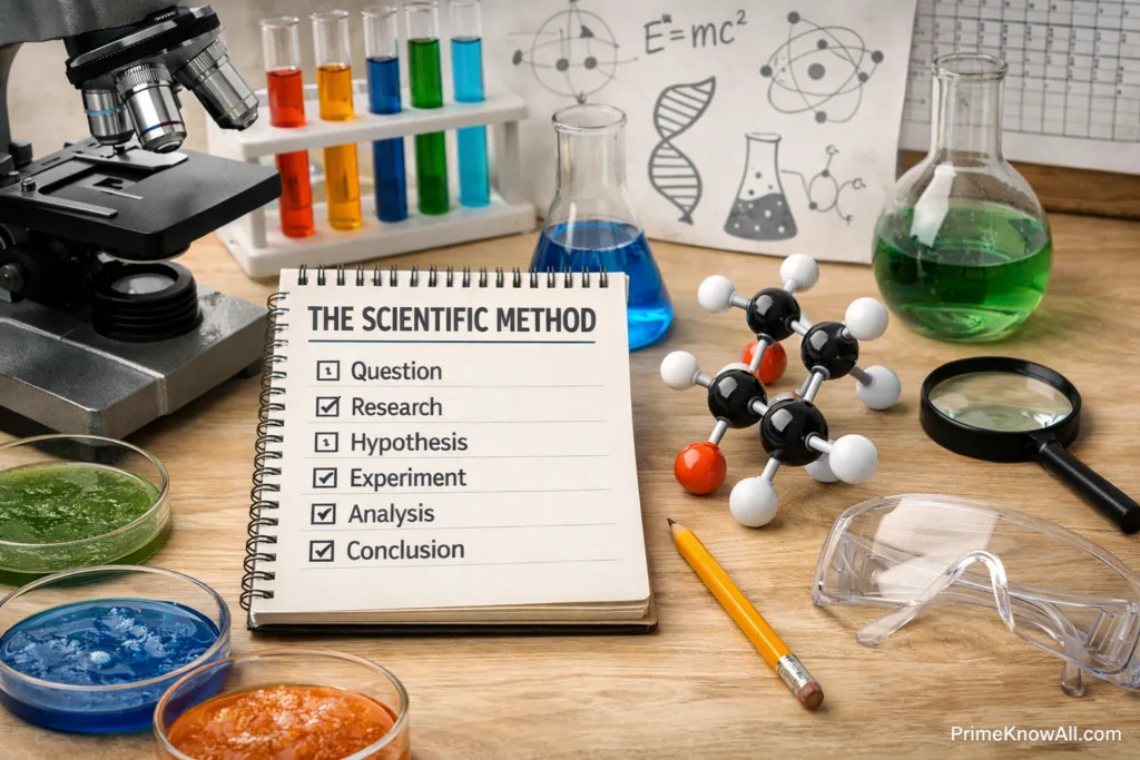A notebook with the scientific method steps and a laptop surrounded by colorful test tubes.