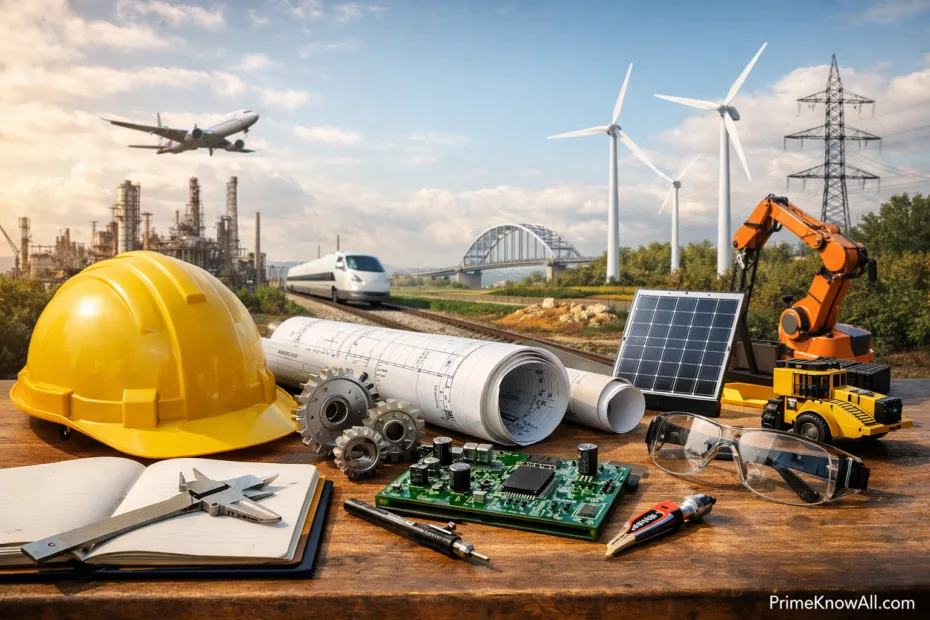 Engineering disciplines with wind turbines, solar panels, and blueprint on a desk