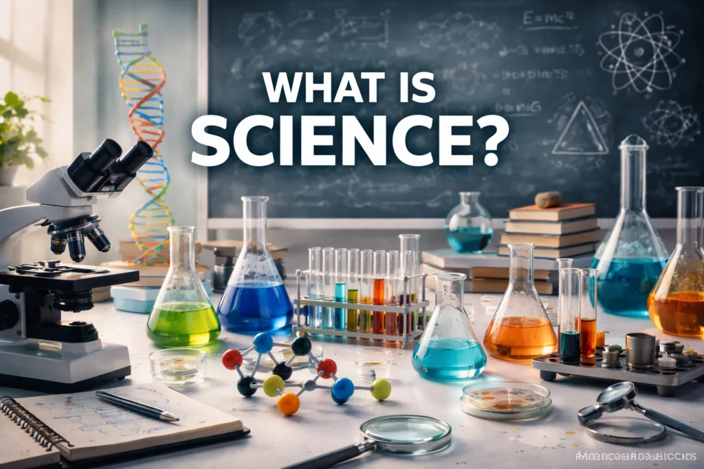 Test tubes filled with colorful liquids and a scientist holding a flask on a lab bench.