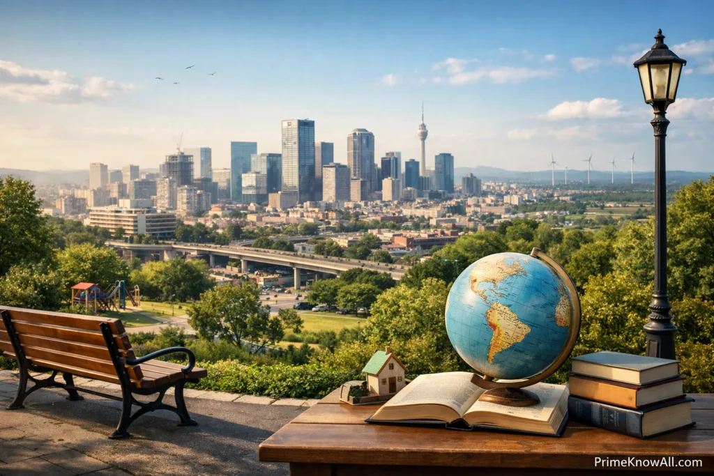 City skyline with skyscrapers and a globe on a wooden table.