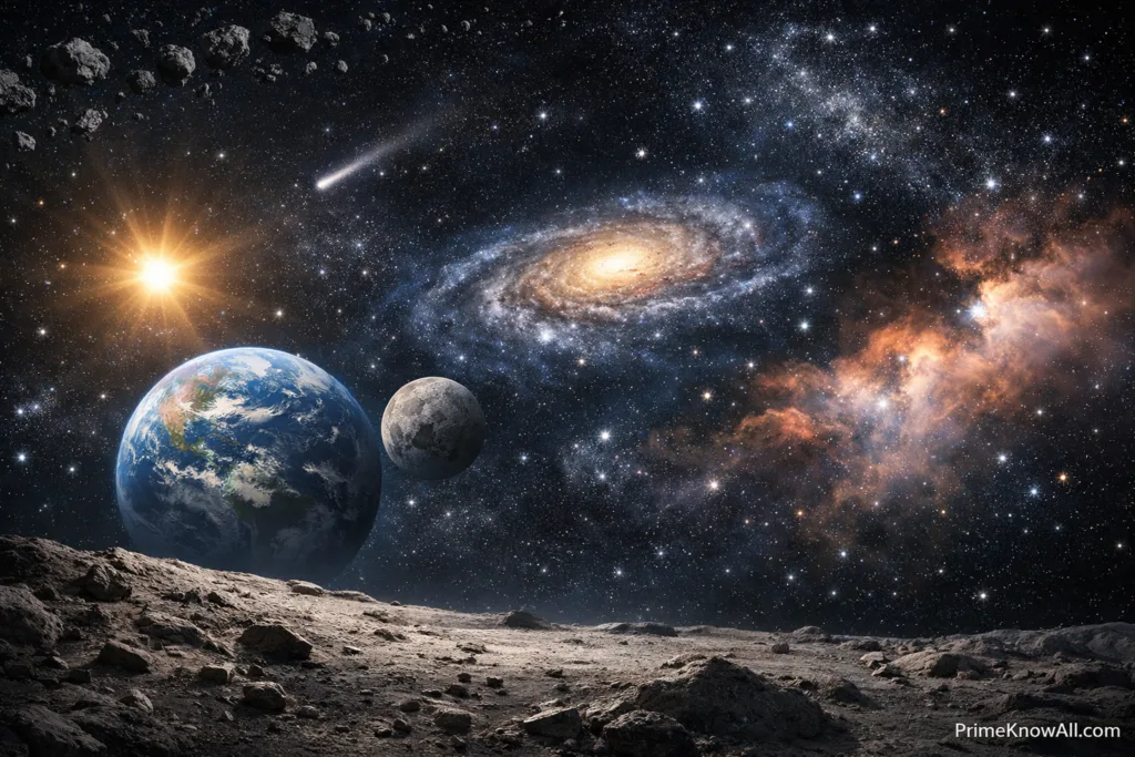 Starry sky with planets and a distant galaxy in the background about what is space