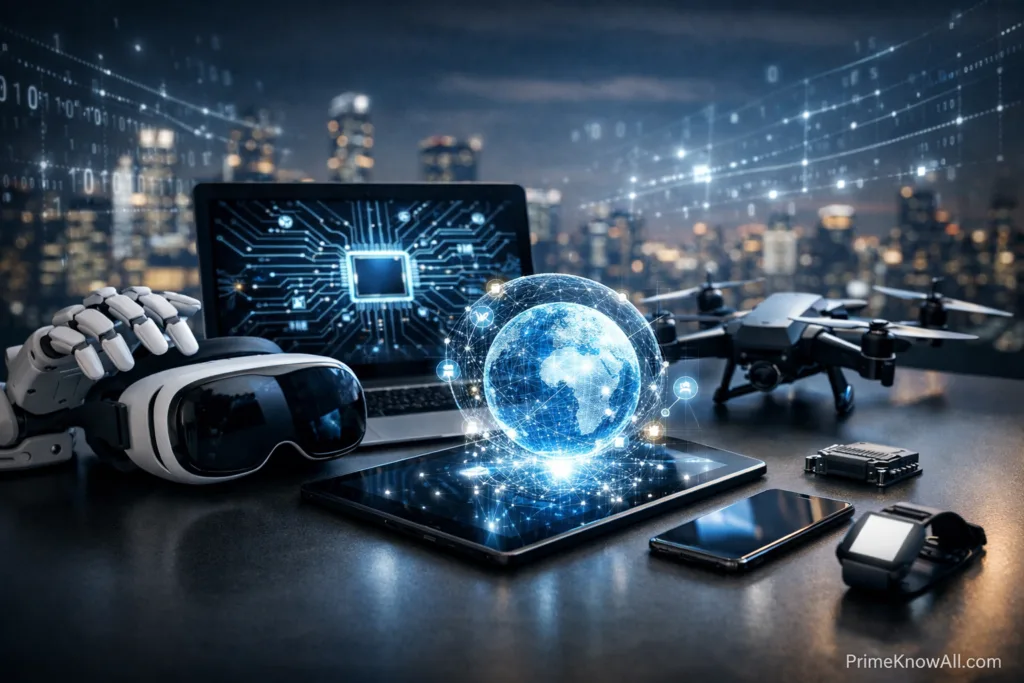 Smartphones and a tablet showing holographic globe and digital icons on a desk.