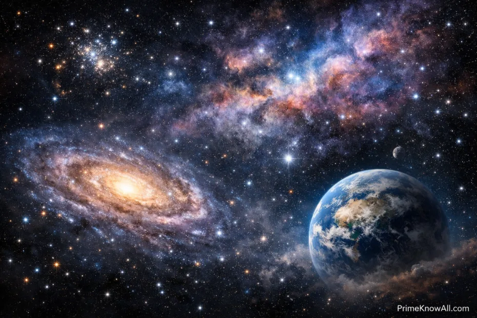 Spiral galaxy and Earth seen from space, illustrating what is universe.