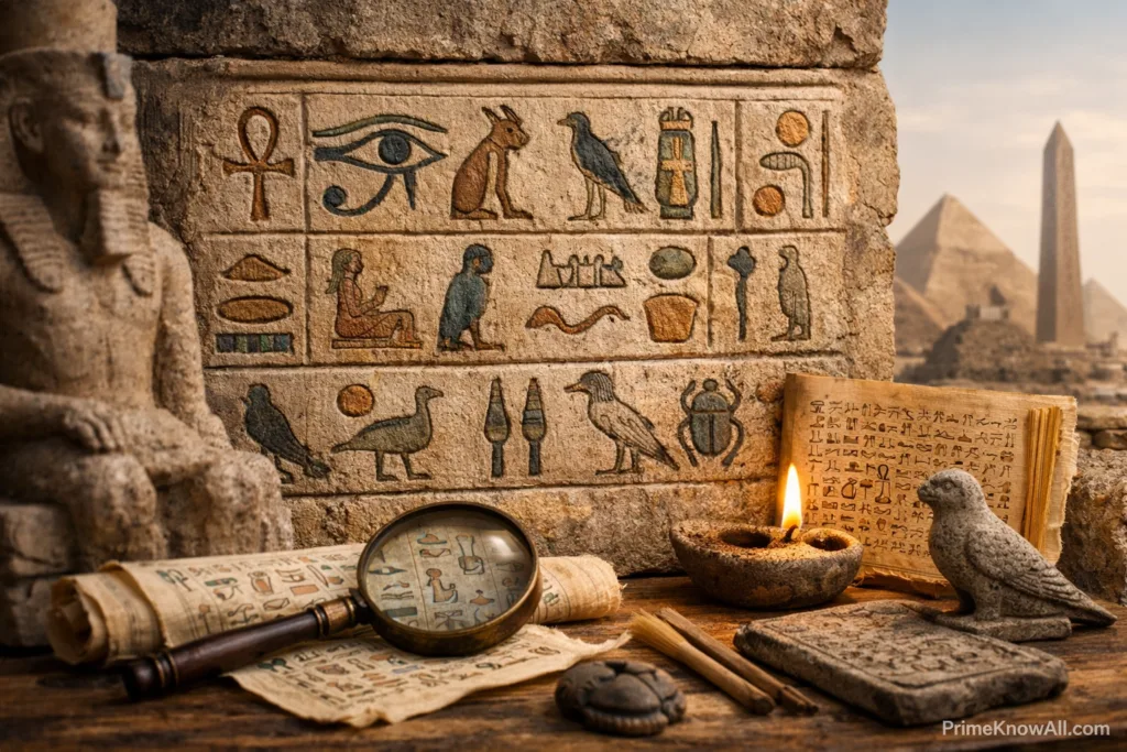 Ancient Egyptian hieroglyphs painted on limestone wall with an oil lamp and carved stone tools nearby.
