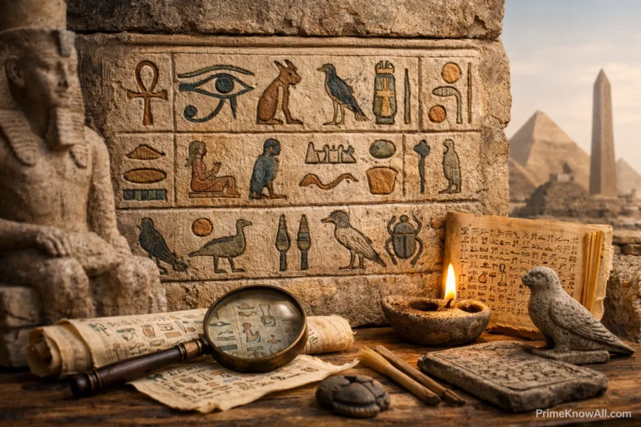 Ancient Egyptian hieroglyphs painted on limestone wall with an oil lamp and carved stone tools nearby.