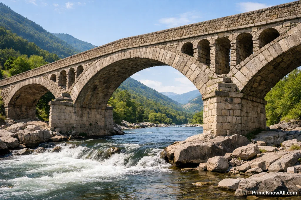Arch bridge structure with a large stone arch spanning over a flowing river