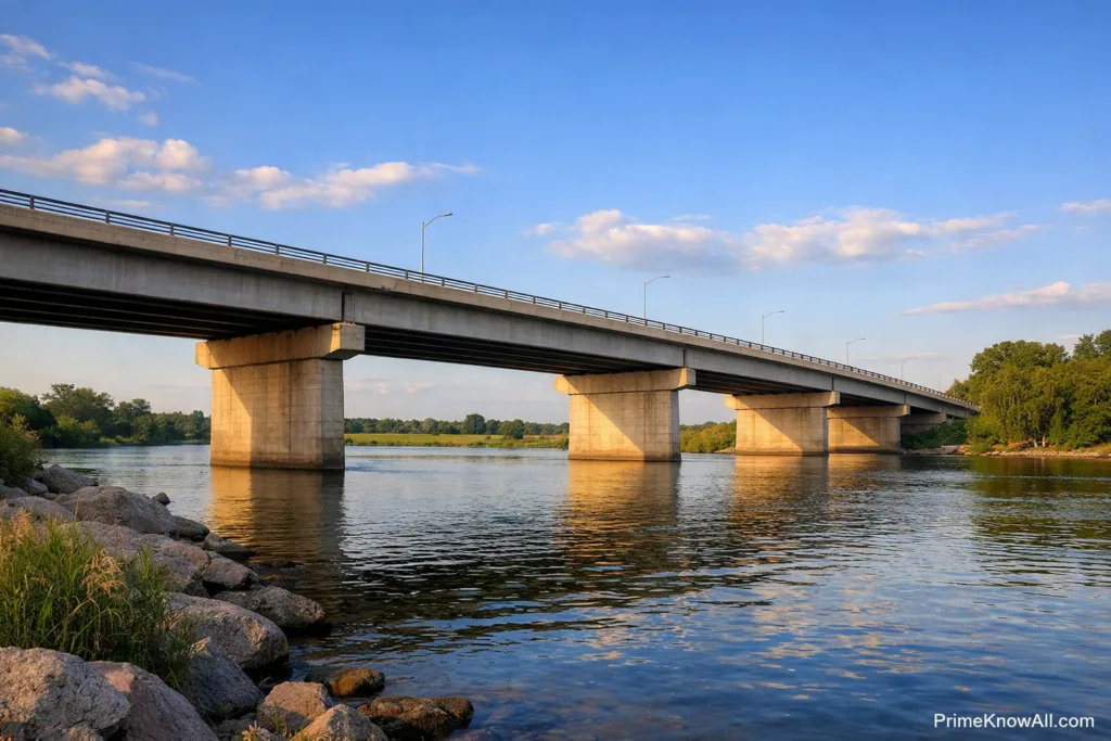 A concrete beam bridge with supports spanning over a river, under a partly cloudy sky.