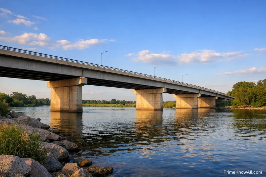 A concrete beam bridge with supports spanning over a river, under a partly cloudy sky.