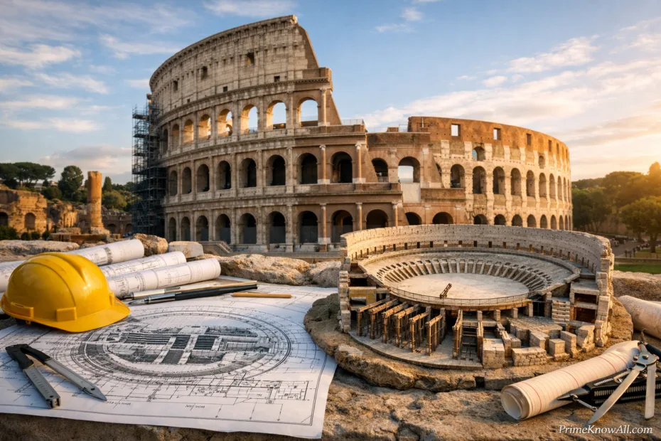 Roman Colosseum shows arches and stone construction highlighting engineering brilliance.