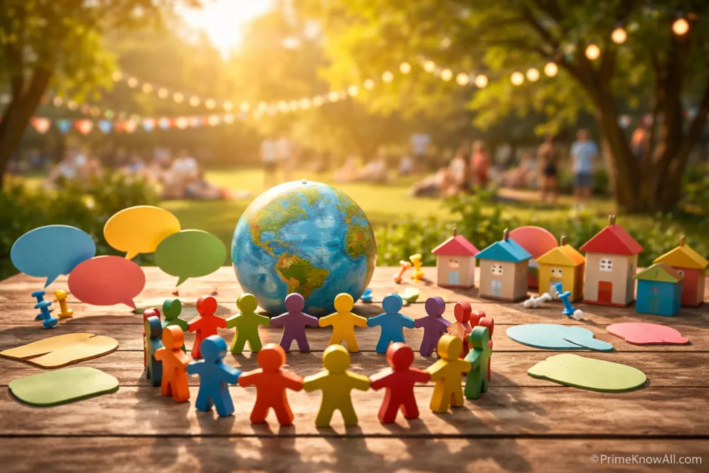 Children's toys and a globe arranged outdoors in a park setting.