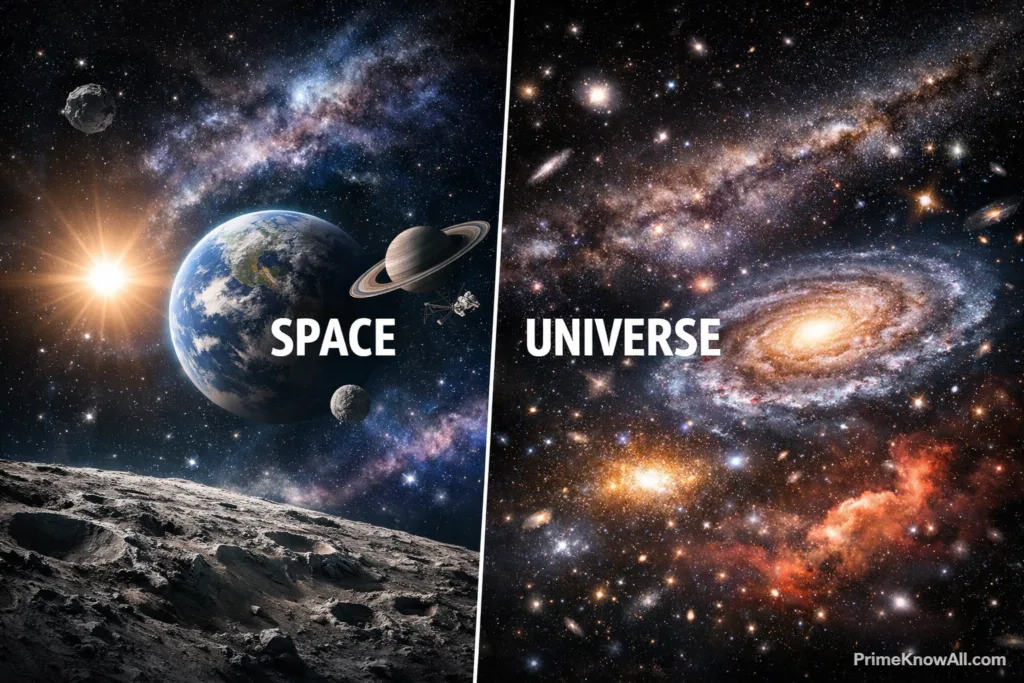 Comparison of space and universe with an image of a spaceship near planets and a galaxy in the backg…