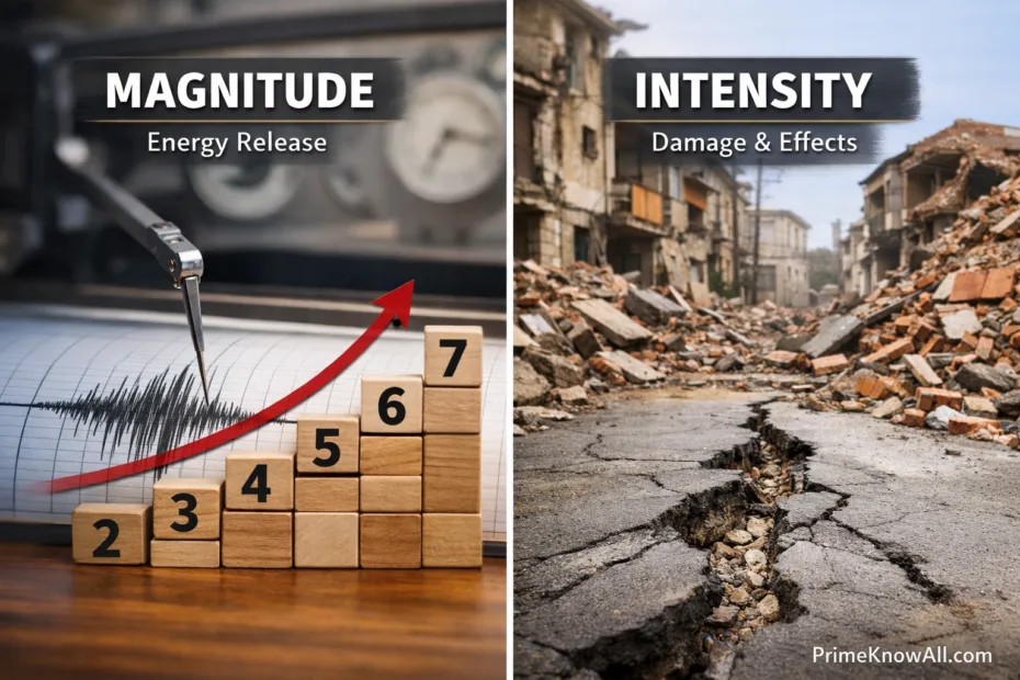 A graph showing earthquake magnitude levels and a photo of damaged buildings in an earthquake.