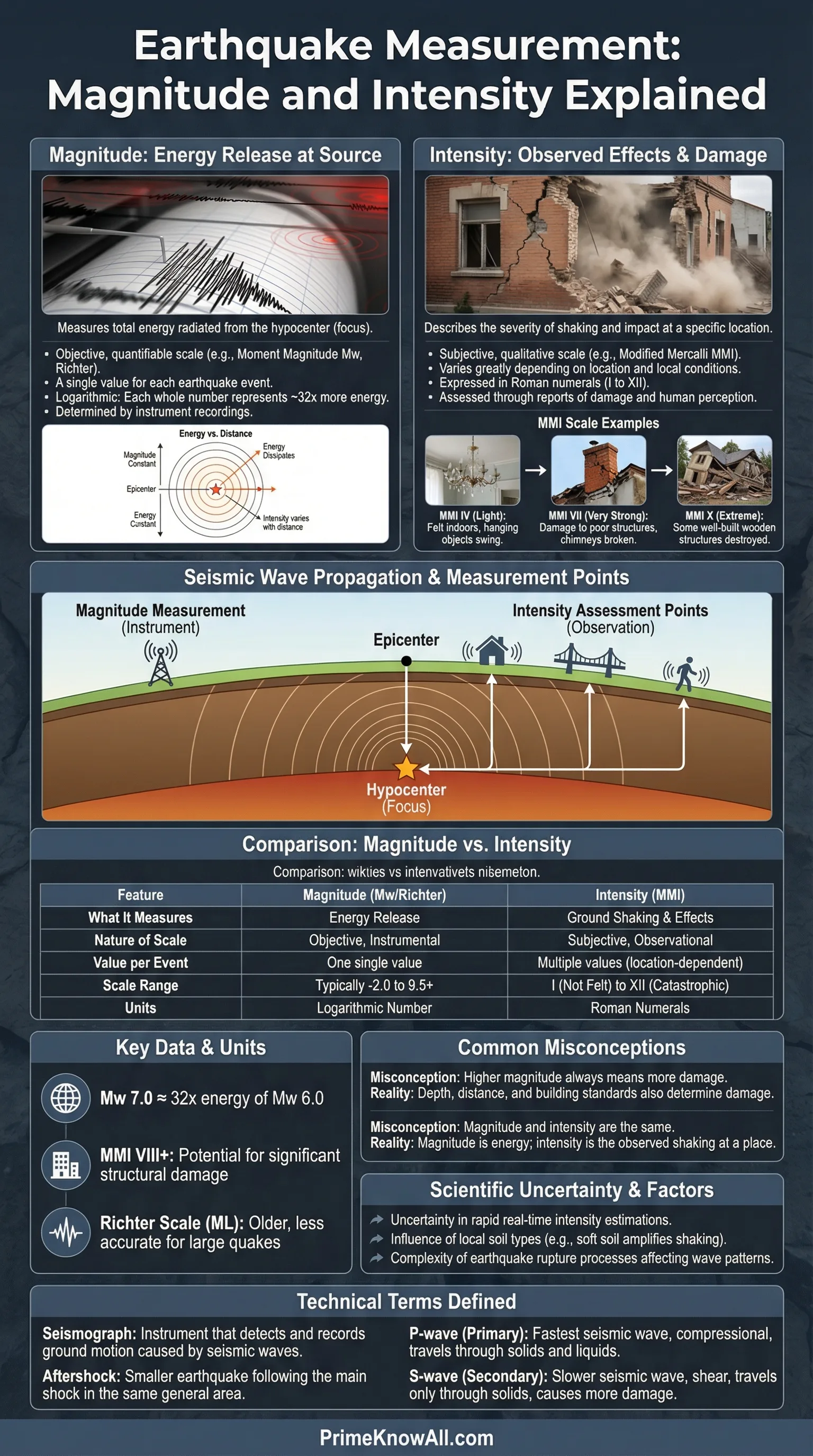 Diagram showing earthquake magnitude as a scale and intensity as the effect felt on the ground.