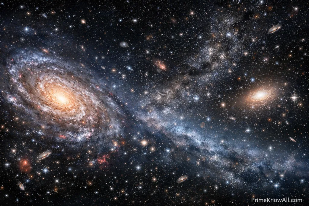 The universe's vast size is shown with numerous stars and galaxies stretching into the distance.