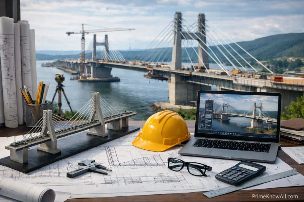 Bridge design process shown with a construction helmet, laptop, and a bridge in the background.