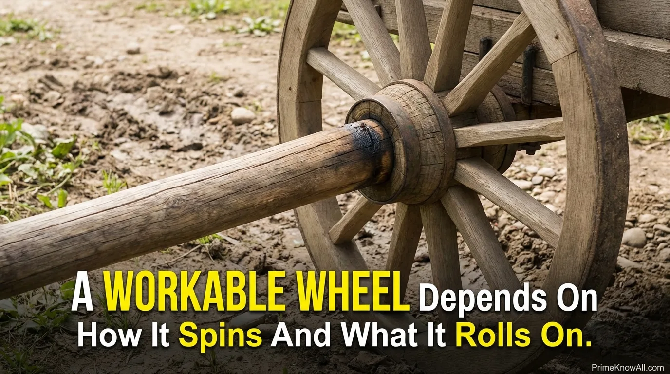 Wooden wheel with a central hub and spokes resting on rough ground.