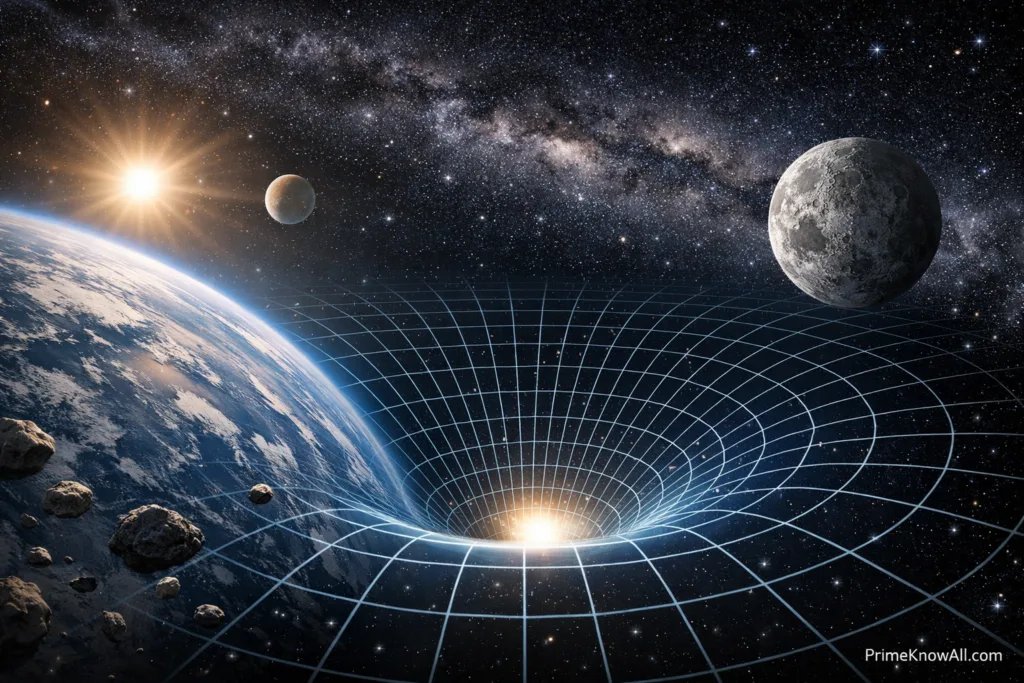 A glowing Earth with curved lines showing gravity's pull towards its surface and a bright moon in space above.