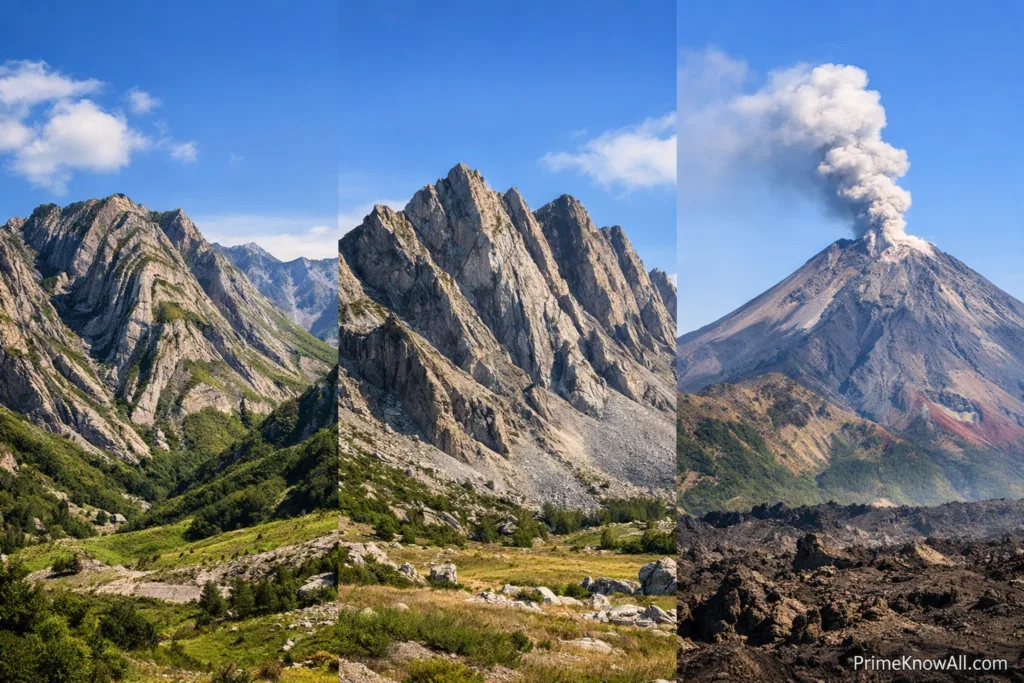 Sharp mountain peaks rise against a partly cloudy sky with green valleys below.