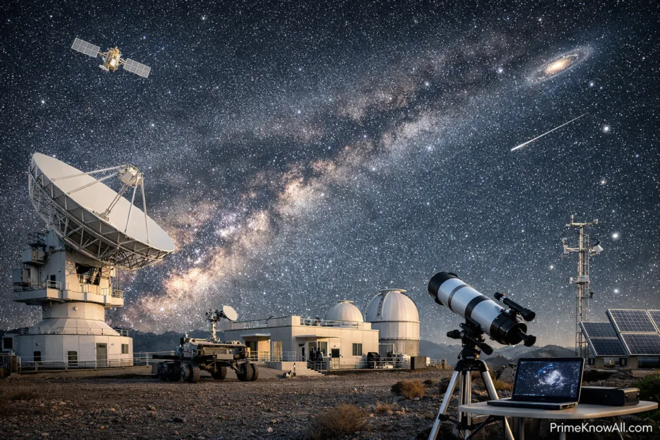 A telescope and a satellite dish under a starry sky with the Milky Way visible in the background.