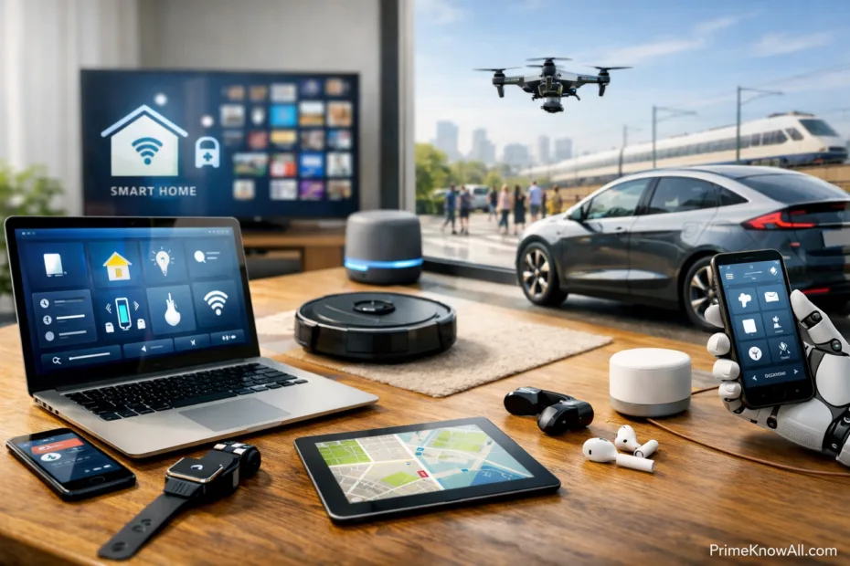 Smartphone, drone flying outside, showing technology's influence on daily life.