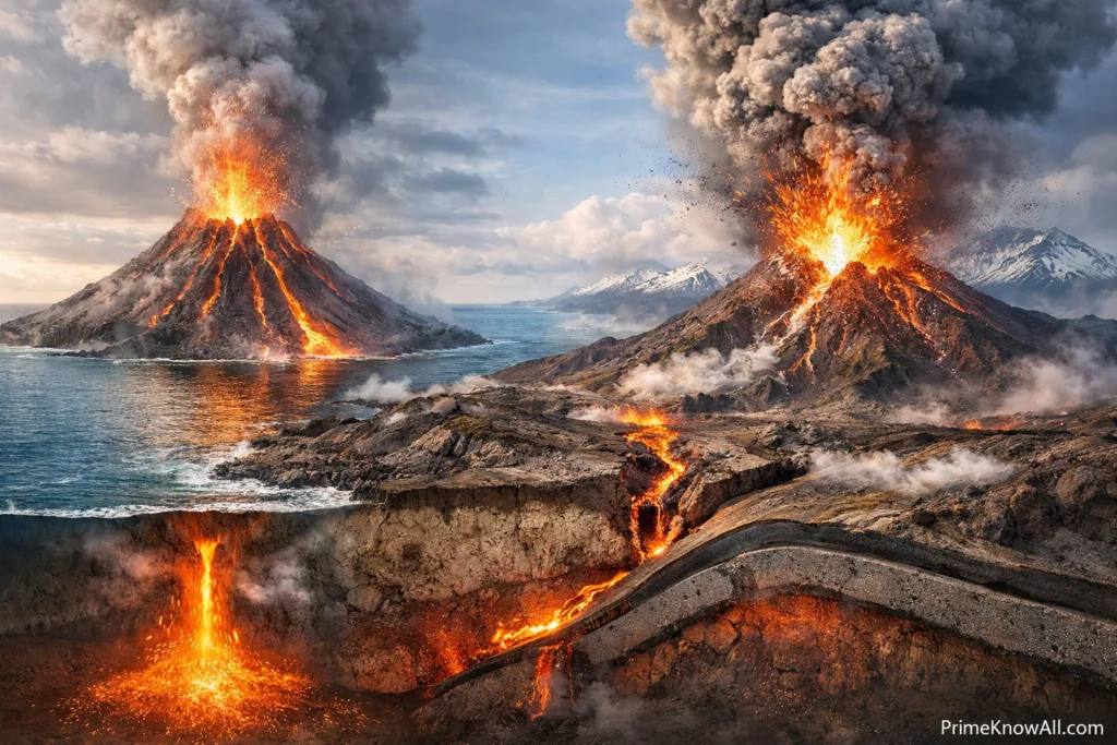 Volcanoes erupting with lava flowing down, illustrating formation at hotspots and plate boundaries.