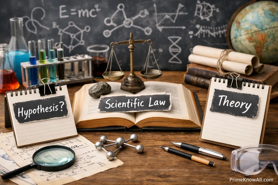 A wooden table with a scientific law book, a balance scale, and a chalkboard filled with equations.