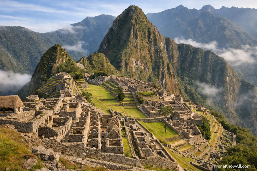 Machu Picchu's ancient stone terraces and steep mountain backdrop showcase Inca urban planning.