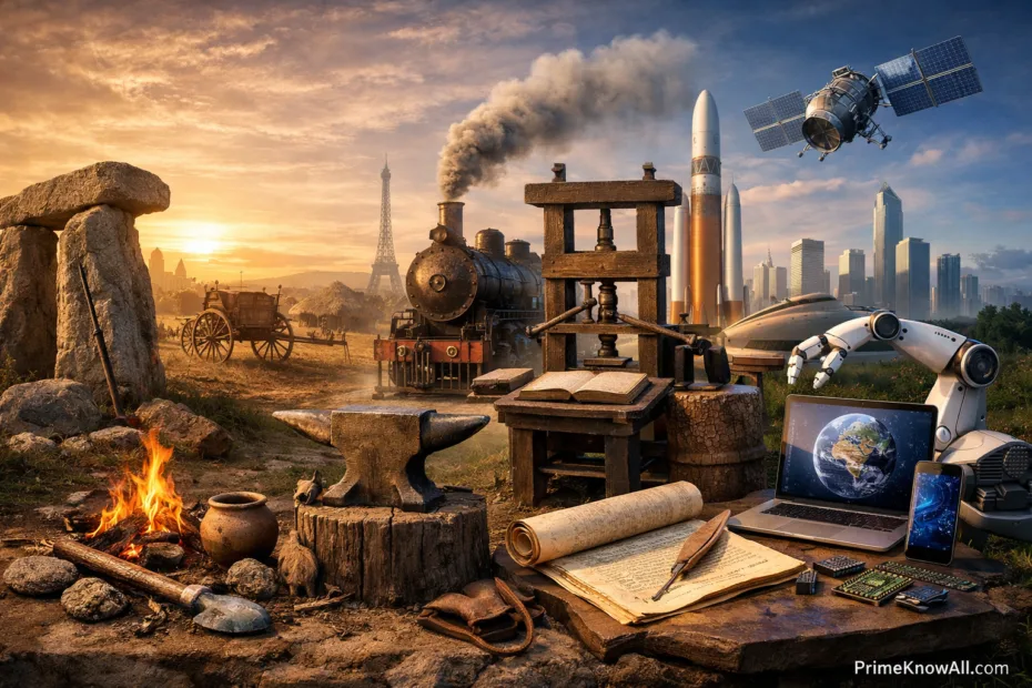 A steam engine train and a factory with smoke symbolize the technological eras in history.