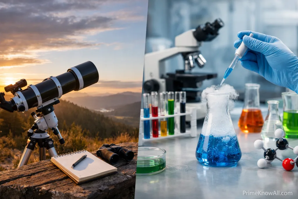 A notebook with a pen next to a telescope and a lab setup with test tubes.