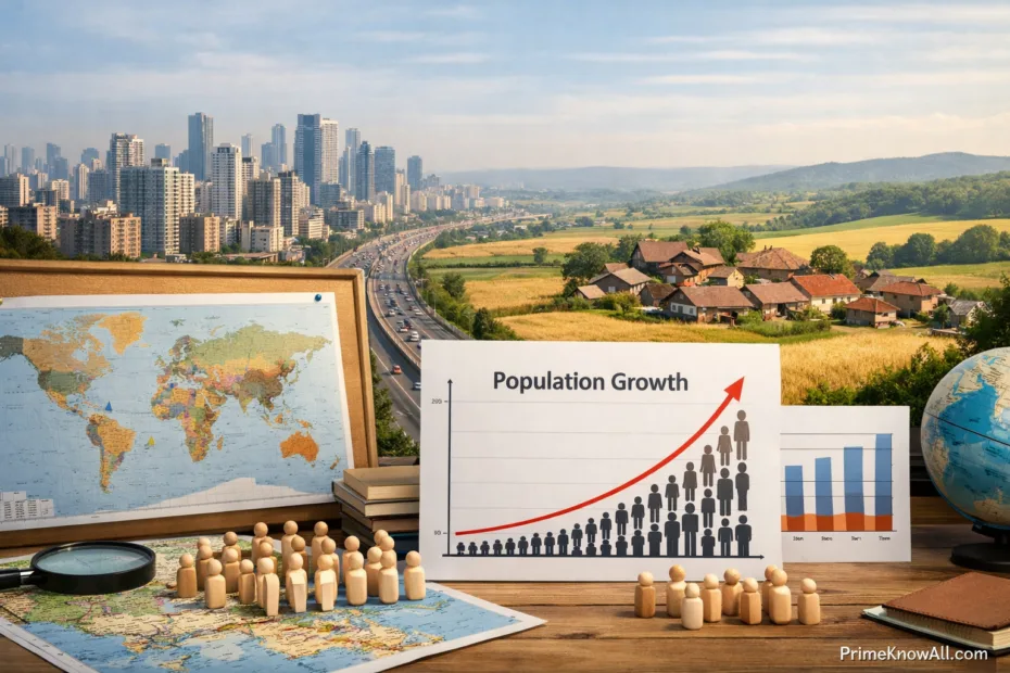 A laptop showing a graph of increasing population growth next to detailed world maps and wooden blocks.