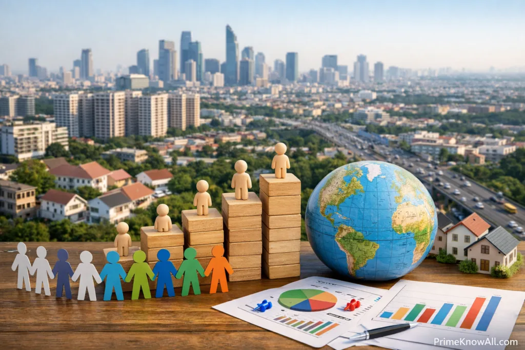 Colorful paper cutouts of people, miniature wooden blocks, and a globe on a cityscape background.