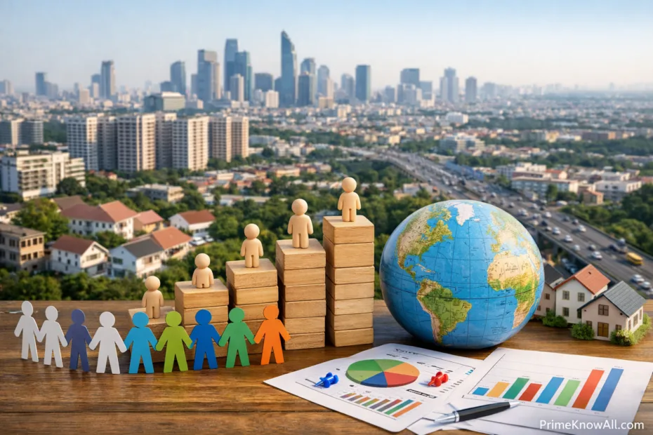 Colorful paper cutouts of people, miniature wooden blocks, and a globe on a cityscape background.