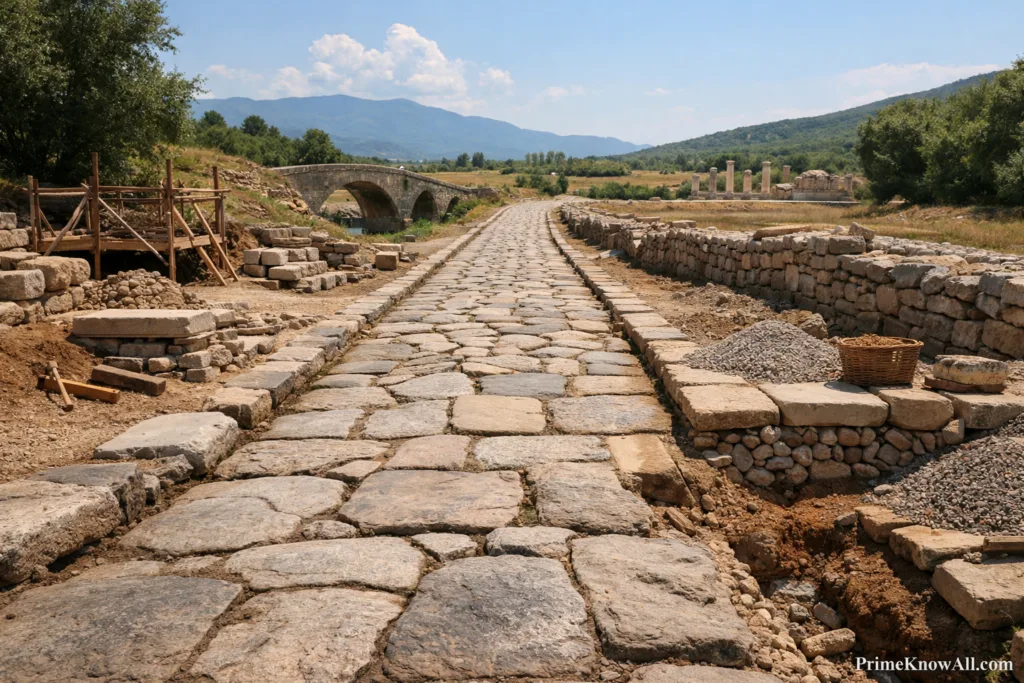 Ancient Roman stone road stretches into the distance with surrounding rural landscape and mountains in the background.