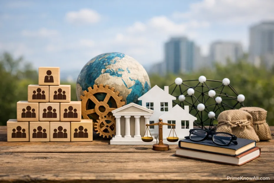 A globe surrounded by miniature social icons and a gavel on a wooden table.