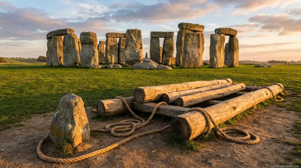 Stonehenge stones and wooden logs used for transport are visible in the image.