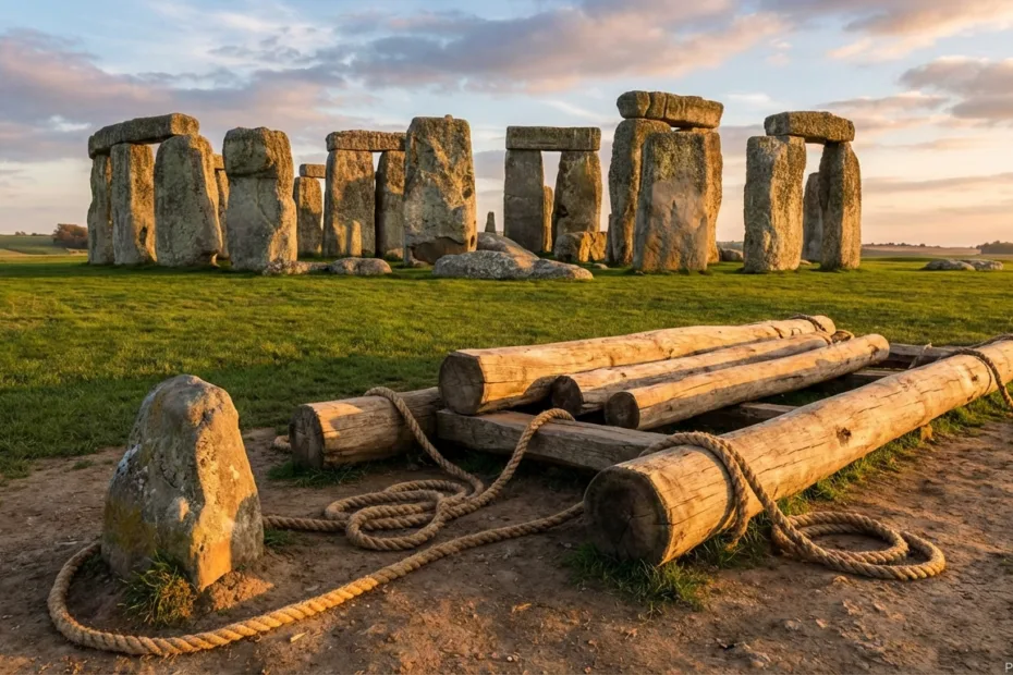 Stonehenge stones and wooden logs used for transport are visible in the image.