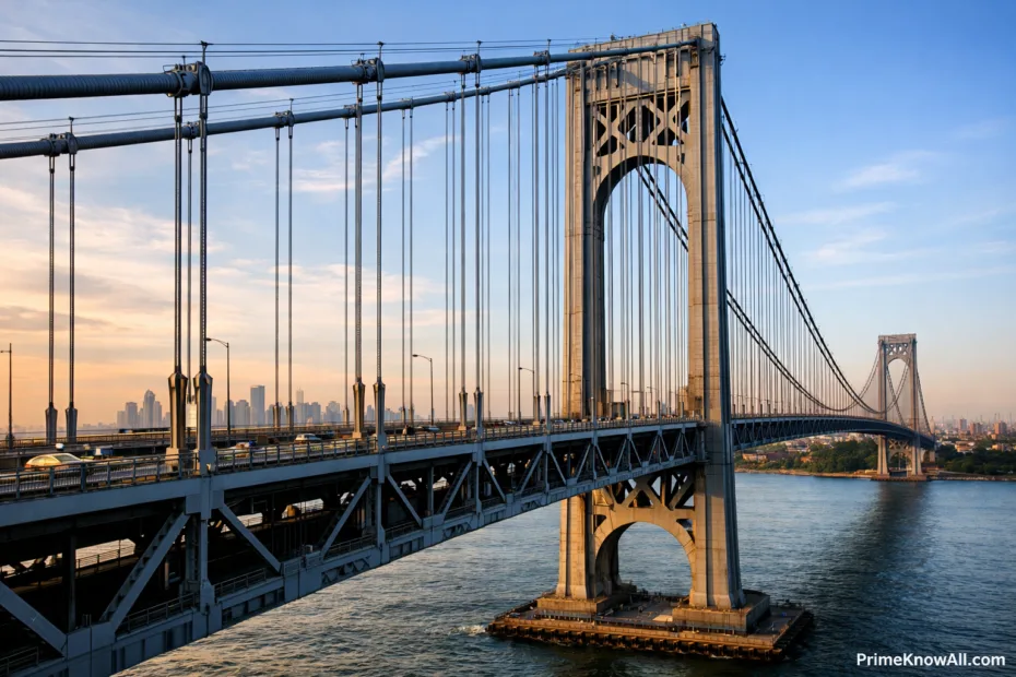 A suspension bridge with tall towers, cables, and a roadway over a river