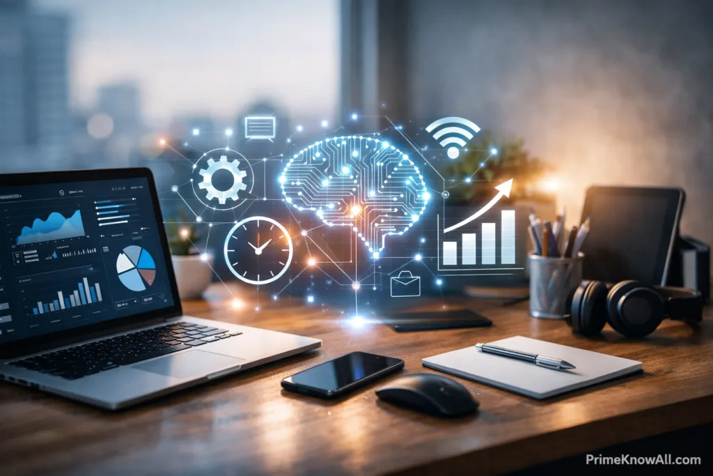 Laptop on a desk with digital holograms of graphs and icons illustrating technology and productivity.