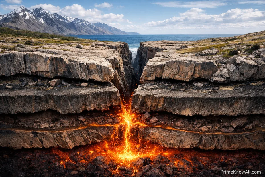 Volcanic eruption between tectonic plates with flowing lava and rocky landscape