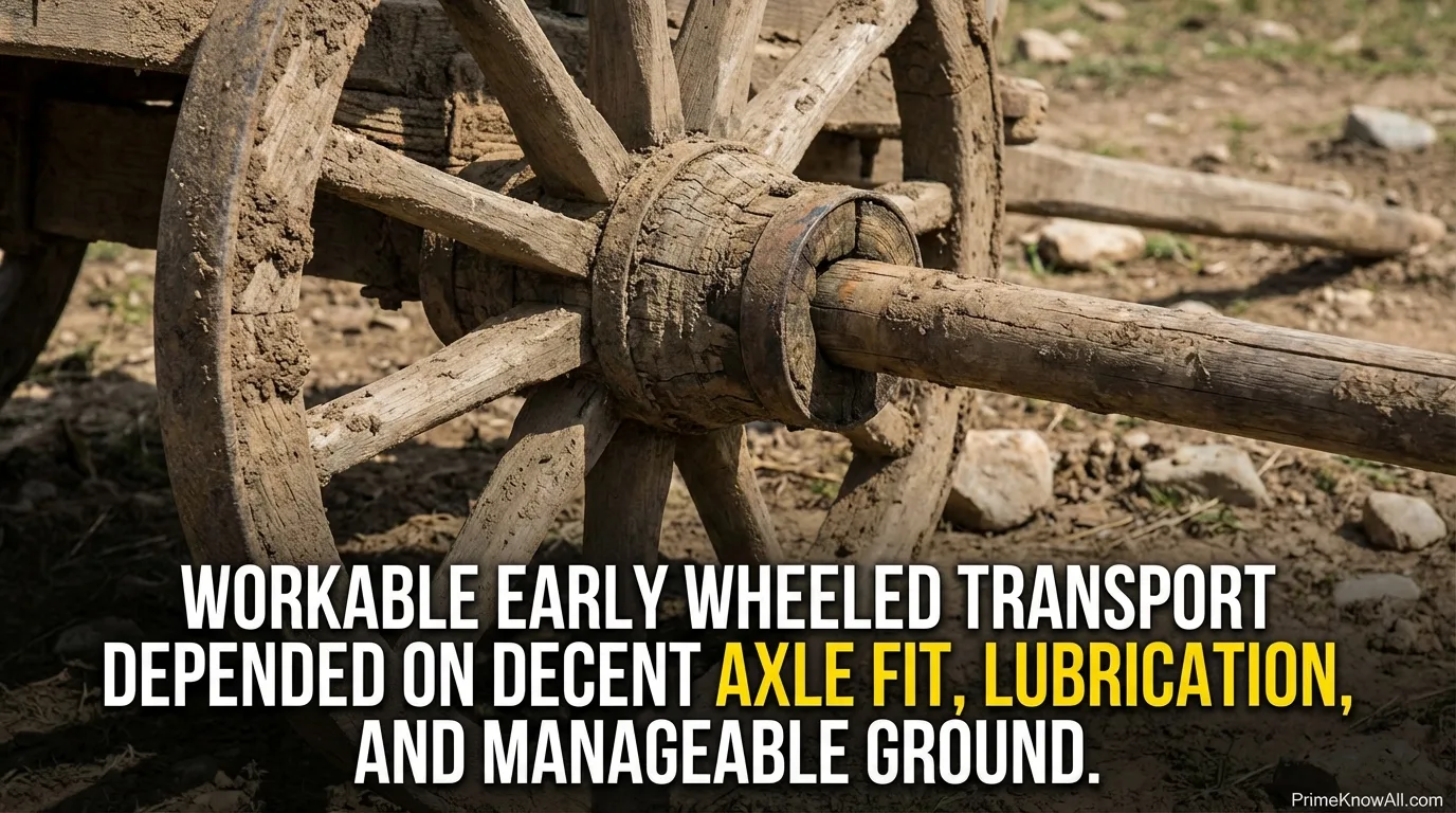 Old wooden wheel with spokes and axle on rough ground.