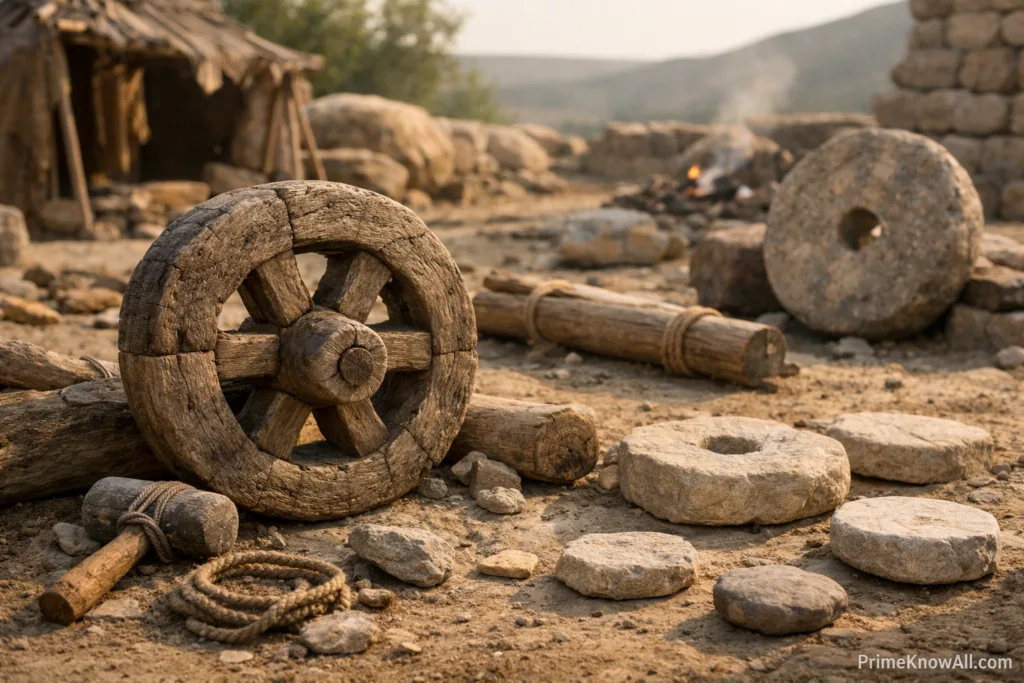 Ancient wooden wheel with spokes lying on rocky ground near a river.