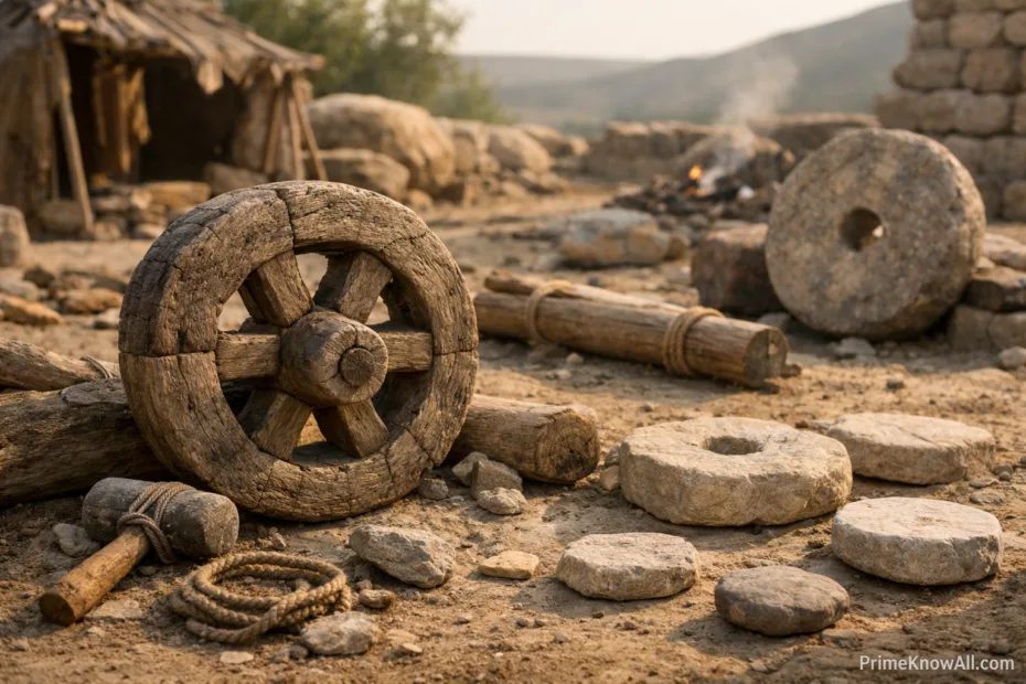 Ancient wooden wheel with spokes lying on rocky ground near a river.