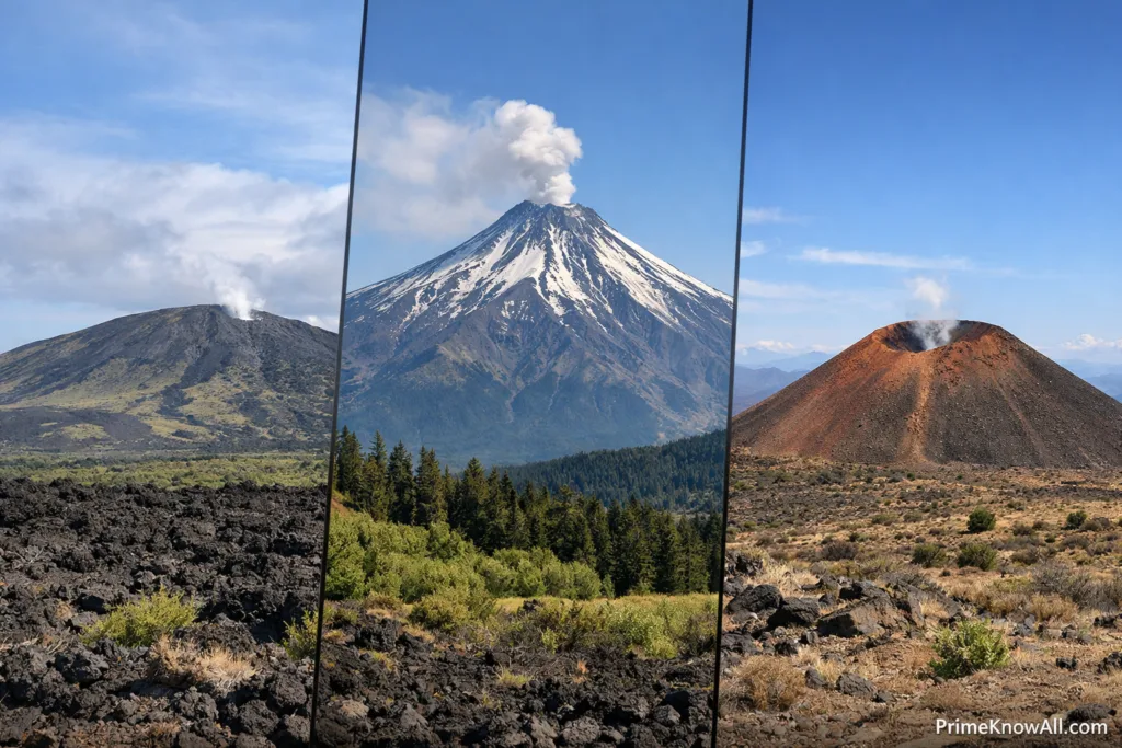 Stratovolcano with a steep, symmetrical shape and snow-capped summit rises above surrounding landscape.