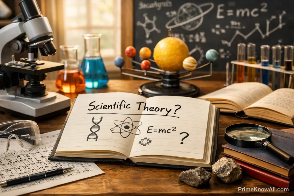 A blackboard with mathematical formulas and a book titled 'Scientific Theory' in front.